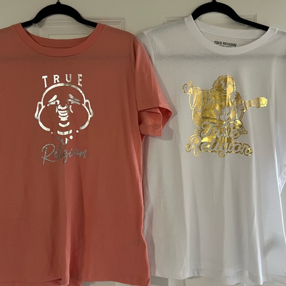 True Religion Tees - Coral and White with Metallic Accents - Picture 1 of 2